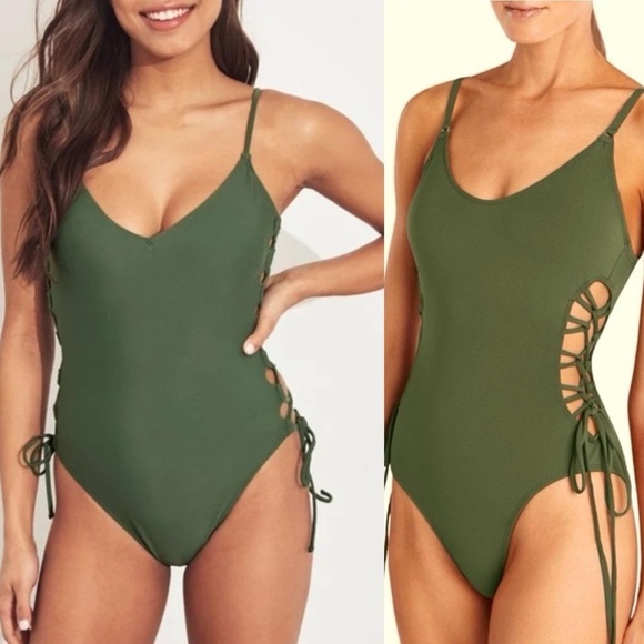 HOLLISTER One Piece Bathing Suit XL Olive Green Sage Lace Up Side Sexy Beach - Picture 1 of 7